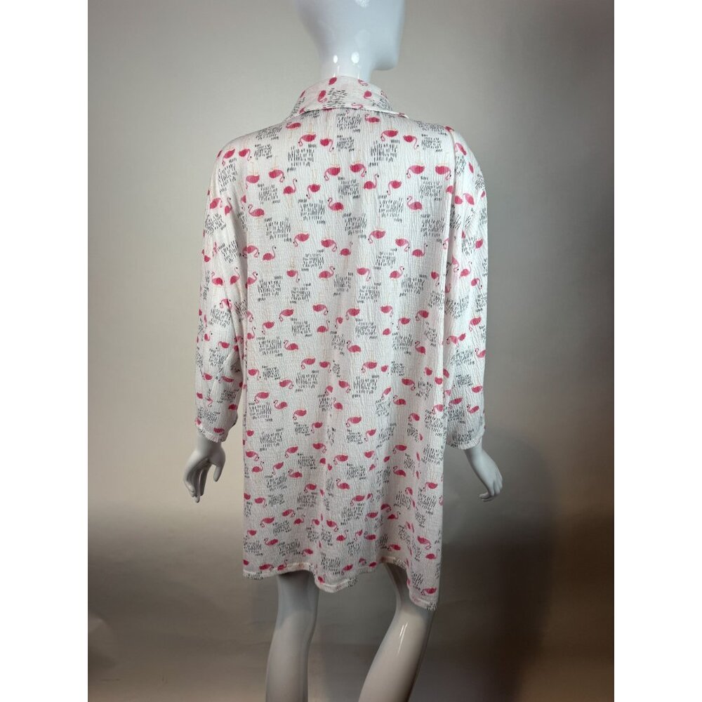 Flamingo Print Button-Up Nightshirt By I. Appel XL Polyester/Spandex Blend Made - Picture 4 of 16